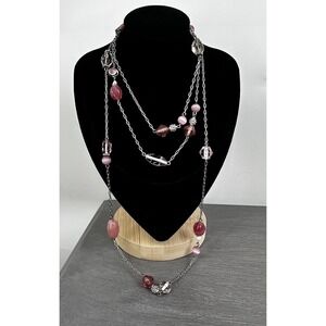 Lia Sophia Necklace Pink Glass Beaded Stations‎  50" Length  Silver Tone